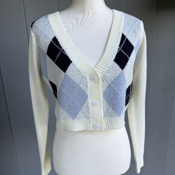 Full Tilt Long Sleeve Argyle Cardigan Cream, Light Blue and Dark Blue - Size M - Picture 1 of 7